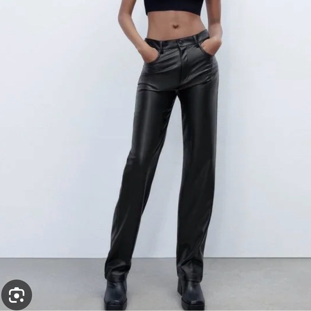 Zara Black Straight Leg Leather Pants